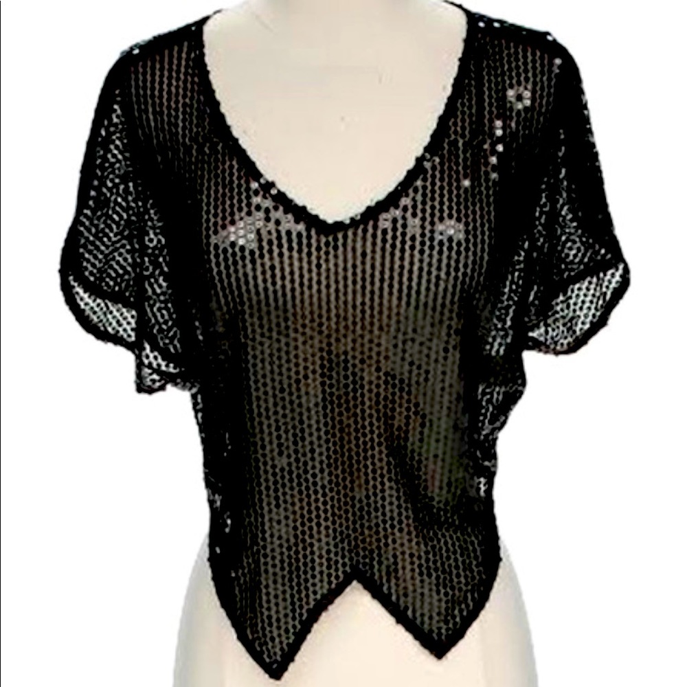 Vintage Free People Black Sequin Sheer Cap Sleeve Blouse